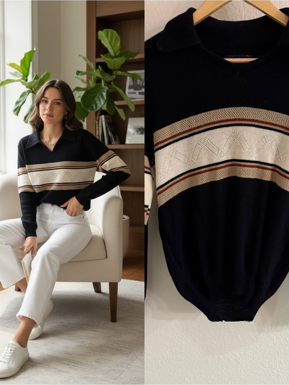 Vintage Esprit by Campus S/M Made USA Black Cream Striped Collared Sweater